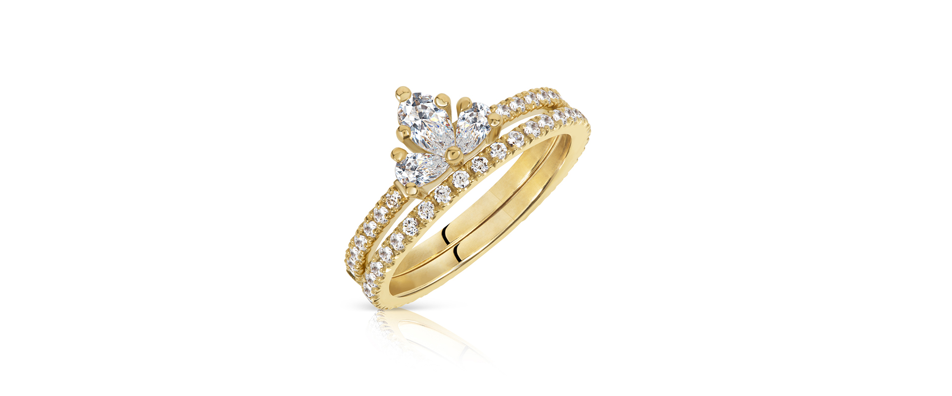 Astral cluster engagement ring 1 pear trio with diamond wedding band in yellow gold